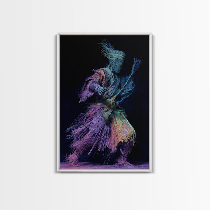 Masked Raffia Dancer In Neon Threads, African Wall Art, Tribal Dance Decor, Afrocentric Culture Print, Bold Home Decor Gift
