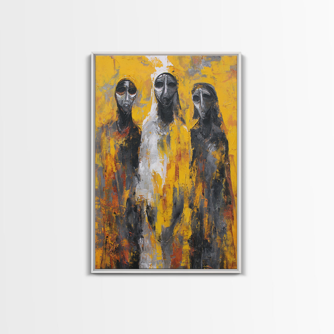 Three Abstract Masked Figures On Yellow Ground, Canvas Print, African Mask Art, Modern Tribal Wall Decor, Bold Portrait Art