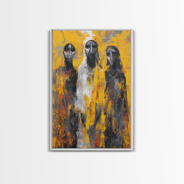 Three Abstract Masked Figures On Yellow Ground, Canvas Print, African Mask Art, Modern Tribal Wall Decor, Bold Portrait Art