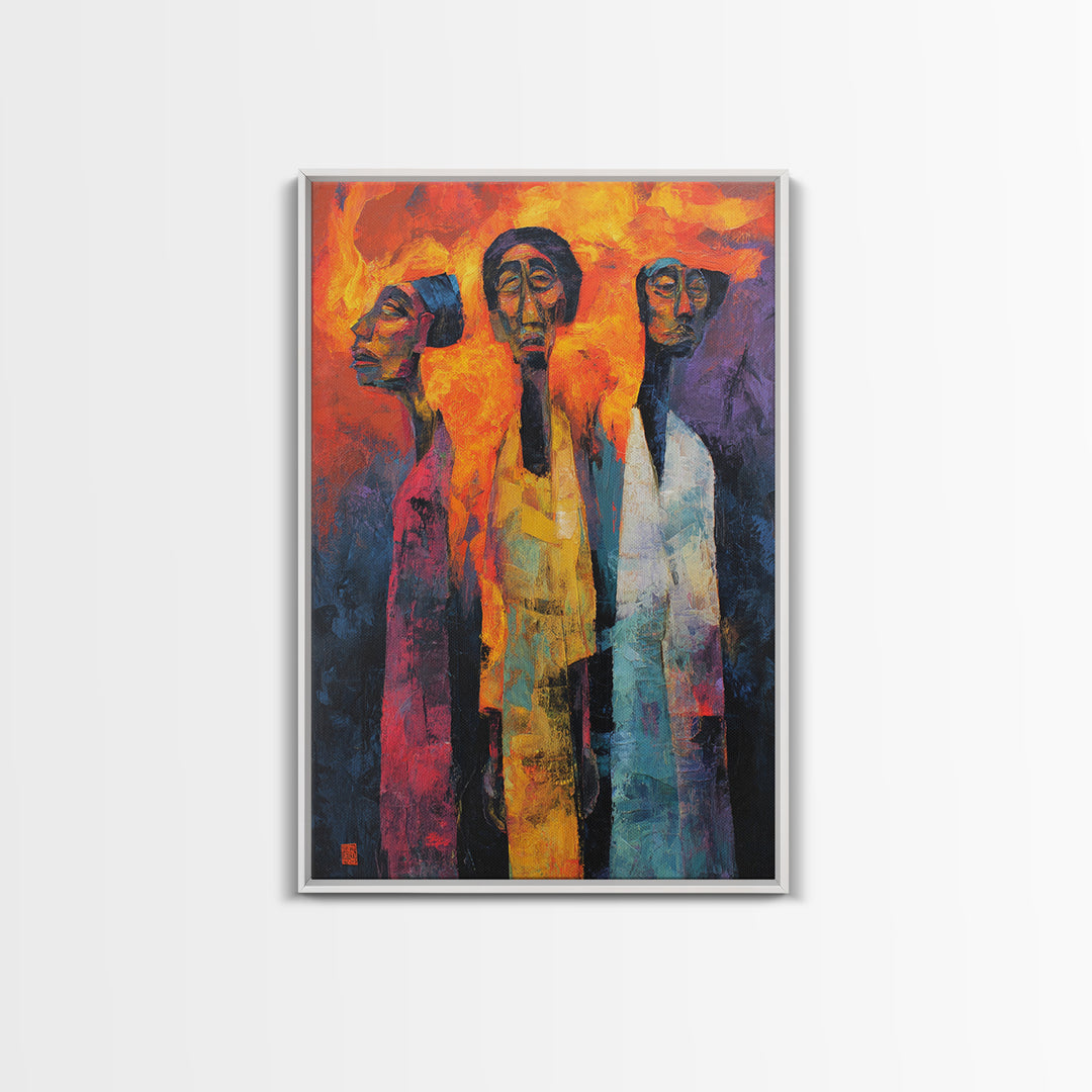 Fiery Three African Figures With Long Faces, Framed Canvas Print, Modern African Art, Black Culture Decor, Statement Wall Art