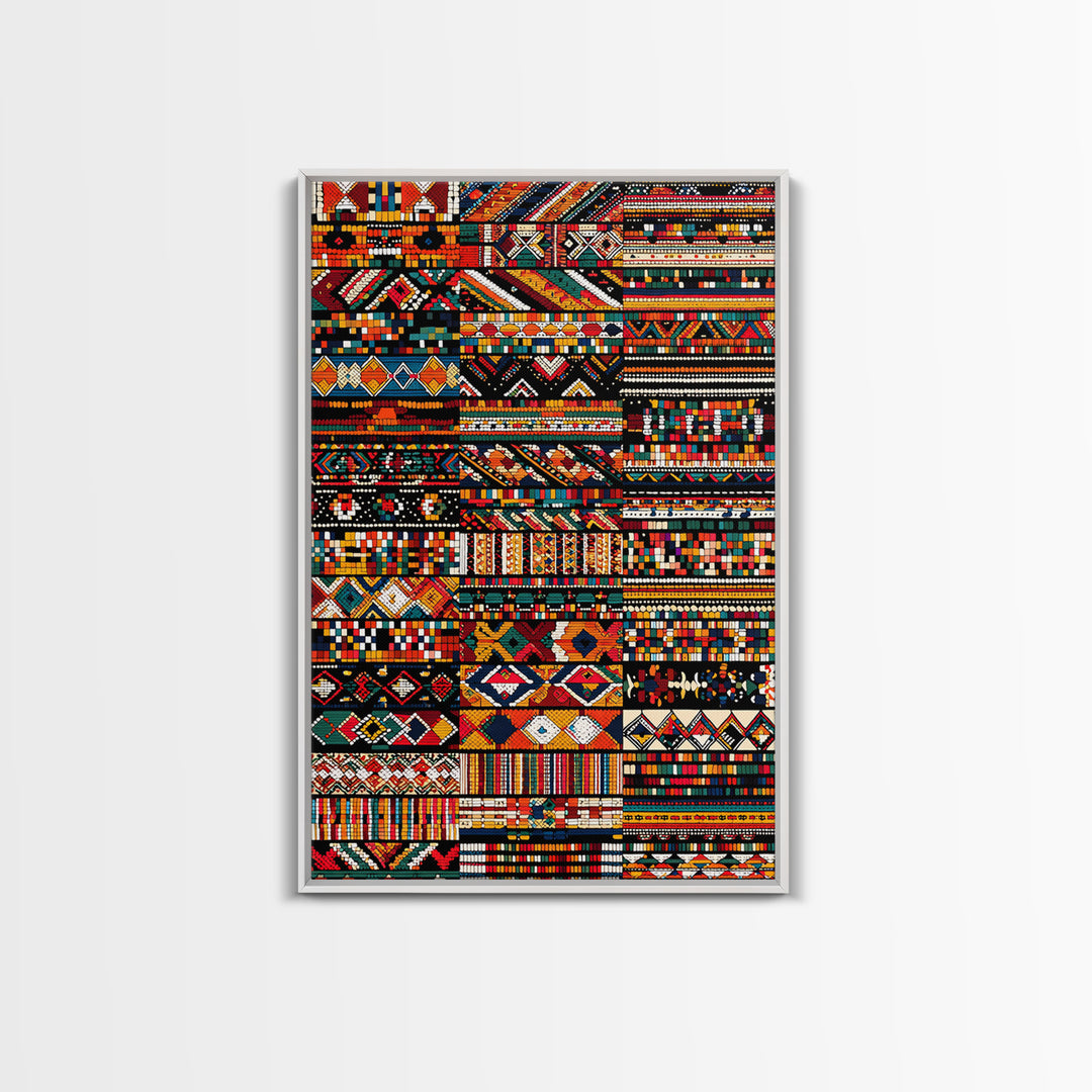 African Textile Mosaic Wall Art, Colorful Tribal Patterns Canvas Print, Ankara Fabric Collage, Afrocentric Home Decor Gift