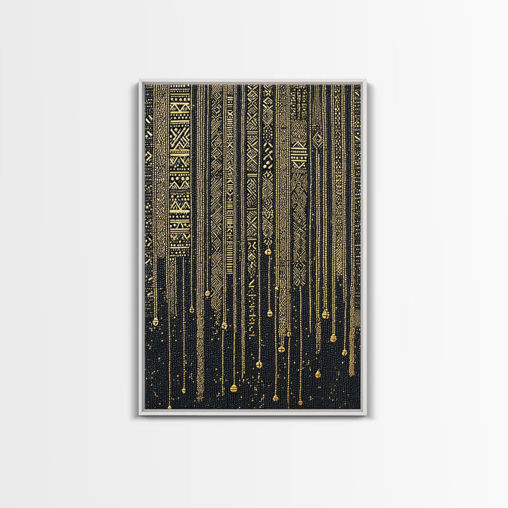 Black Gold Tribal Stripes Wall Art, African Pattern Framed Canvas Print, Elegant Textile Art, Luxury Home Decor Statement Piece