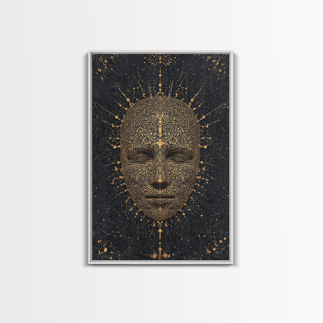 Gold Radiant African Mask Face Framed Canvas Print, Black And Gold Spiritual Wall Decor, Mystical Afrocentric Portrait Art