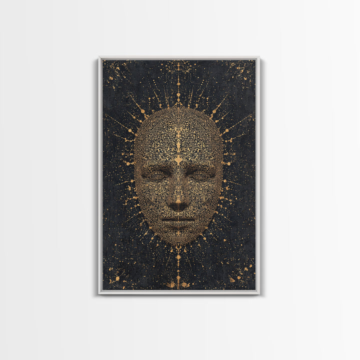 Gold Radiant African Mask Face Framed Canvas Print, Black And Gold Spiritual Wall Decor, Mystical Afrocentric Portrait Art