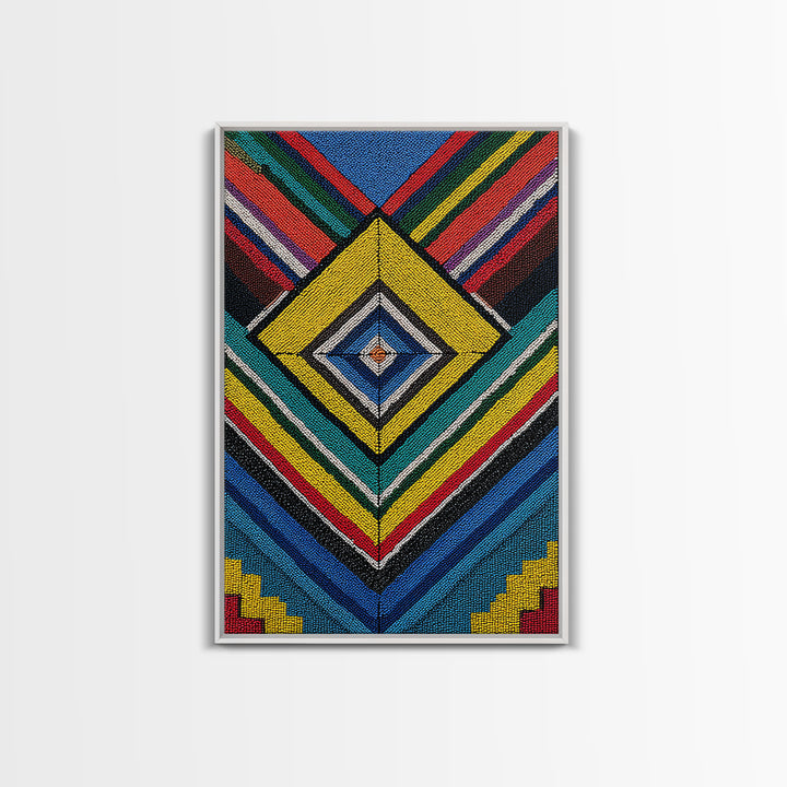Beaded Diamond Geometric Tribal Wall Art, Colorful African Abstract Canvas Print, Bold Ethnic Pattern Living Room Decor Gift