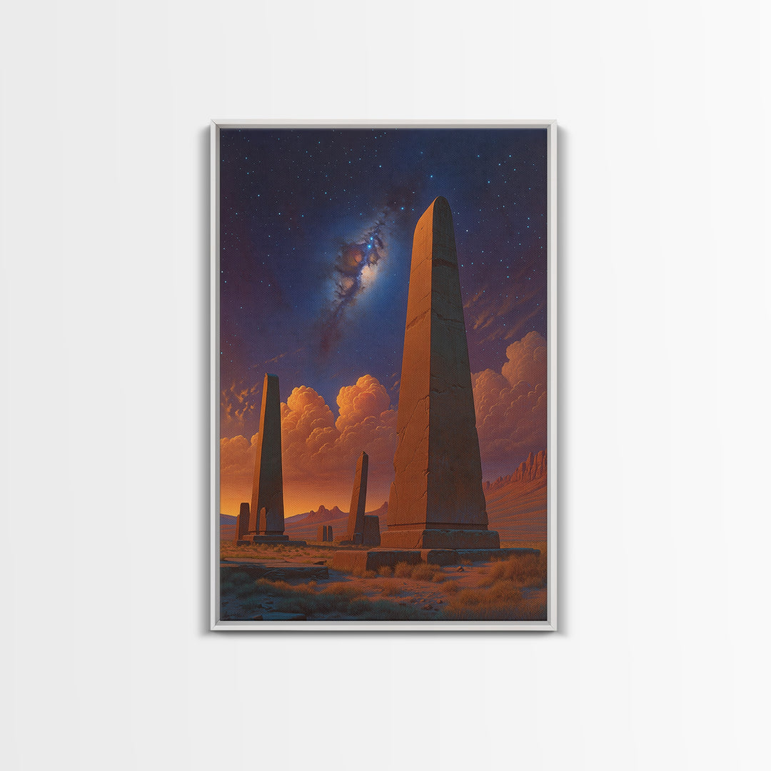 Ancient Desert Obelisks Under Stars Canvas Print, African Egyptian Art, Mystical Landscape Wall Decor, Stargazer Art Gift