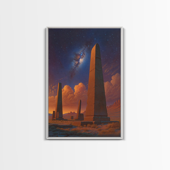 Ancient Desert Obelisks Under Stars Canvas Print, African Egyptian Art, Mystical Landscape Wall Decor, Stargazer Art Gift