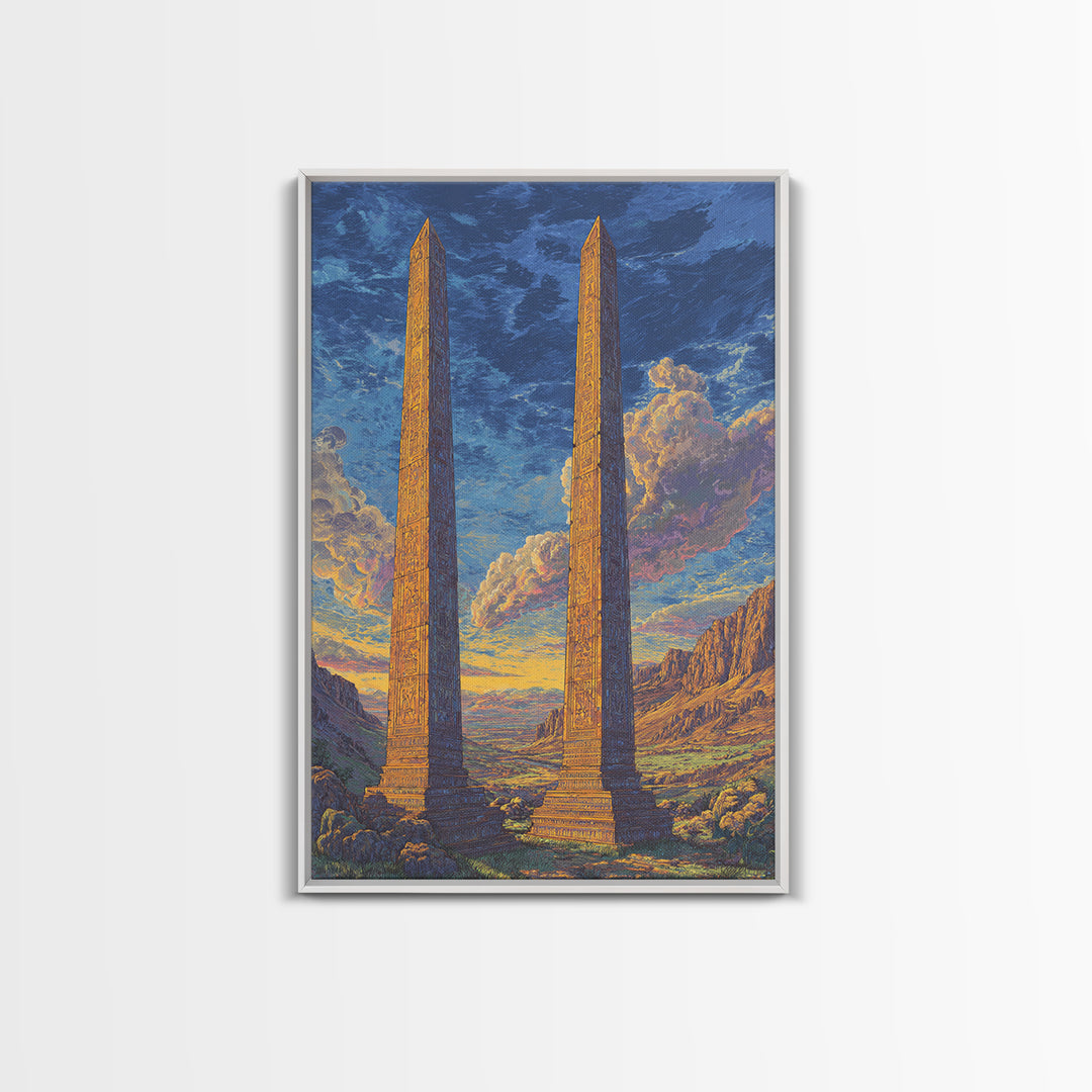 Twin Ancient Obelisks At Sunset Framed Canvas Print, African Egyptian Art, Historic Monument Landscape Wall Decor Gift For Home