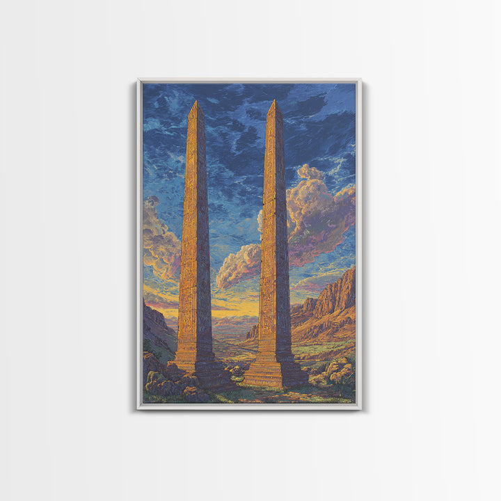 Twin Ancient Obelisks At Sunset Framed Canvas Print, African Egyptian Art, Historic Monument Landscape Wall Decor Gift For Home
