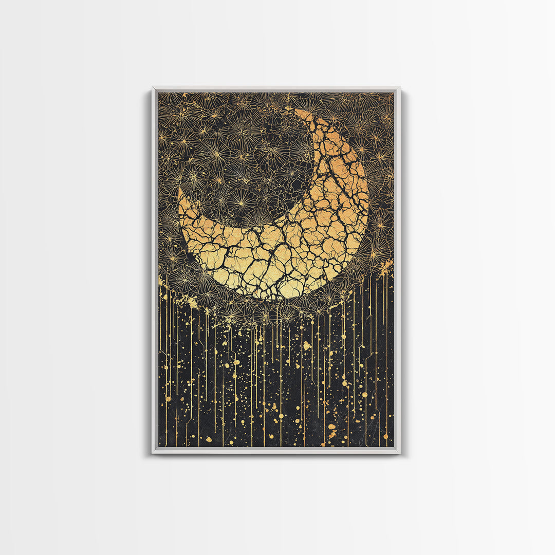 Cracked Gold Crescent Horn Abstract Wall Art, African Inspired Pattern Decor, Black And Gold Canvas Print For Boho Home Decor