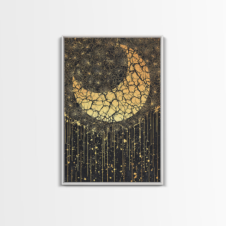Cracked Gold Crescent Horn Abstract Wall Art, African Inspired Pattern Decor, Black And Gold Canvas Print For Boho Home Decor