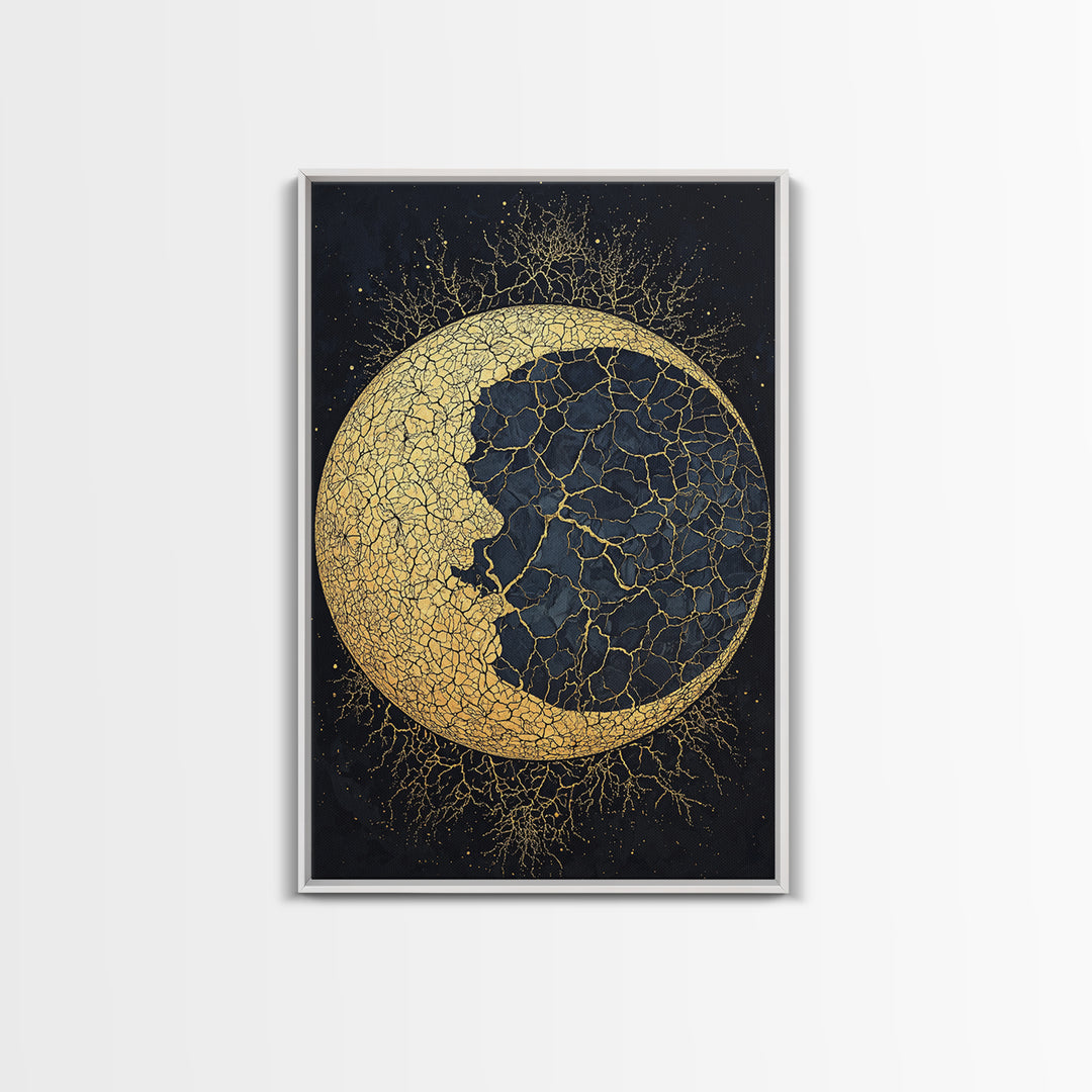Cracked Gold Crescent Moon Wall Art, Mystical African Inspired Celestial Canvas Print, Black And Gold Spiritual Home Decor