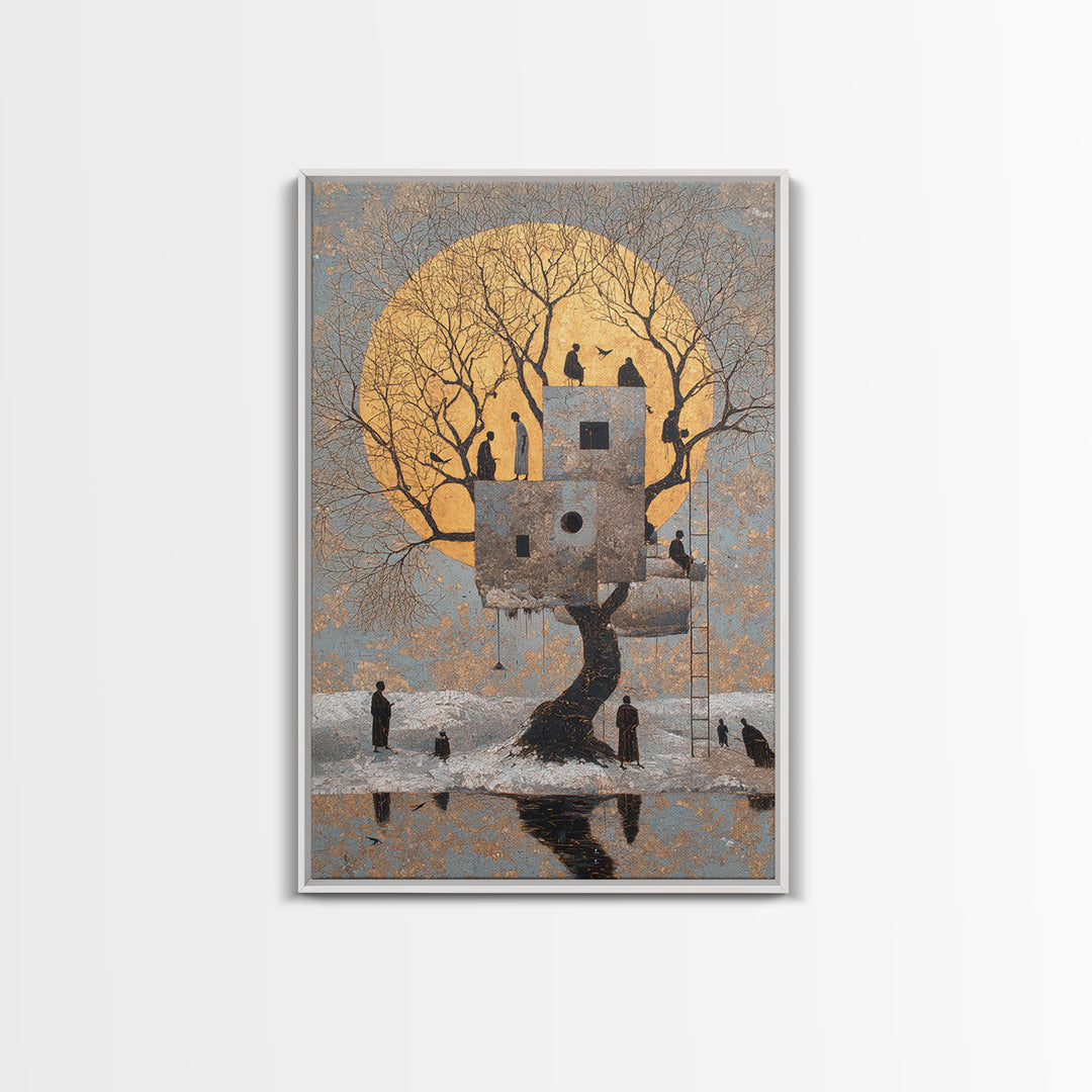 Surreal Moonlit Treehouse In Winter Wall Art, Dreamy Nature Scene Canvas Print, Whimsical Figures And Storybook Decor For Home