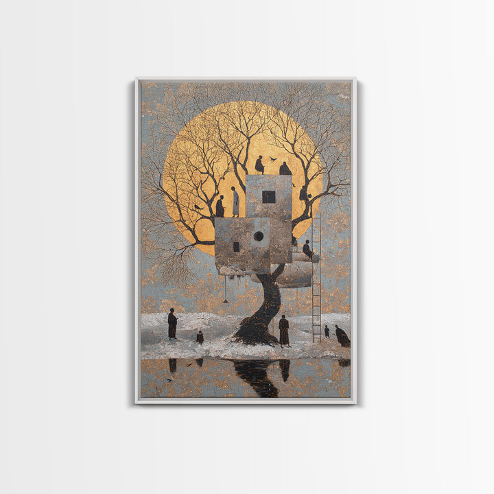 Surreal Moonlit Treehouse In Winter Wall Art, Dreamy Nature Scene Canvas Print, Whimsical Figures And Storybook Decor For Home