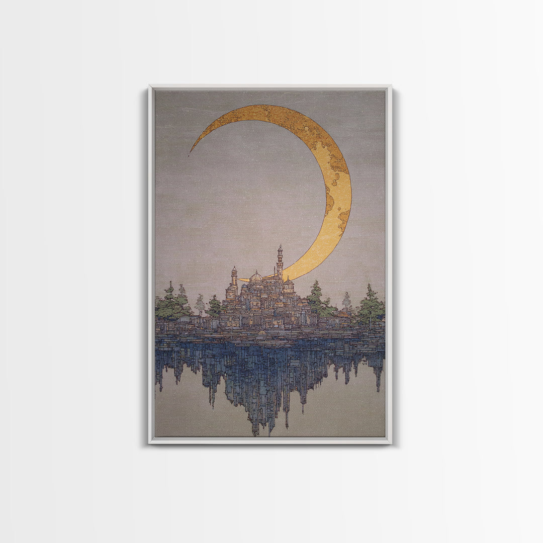 Golden Crescent Moon Over Floating City Wall Art, Dreamy Urban Landscape Canvas Print, Mystical Blue Beige Home Decor For Living Room
