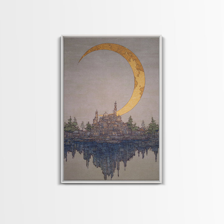 Golden Crescent Moon Over Floating City Wall Art, Dreamy Urban Landscape Canvas Print, Mystical Blue Beige Home Decor For Living Room