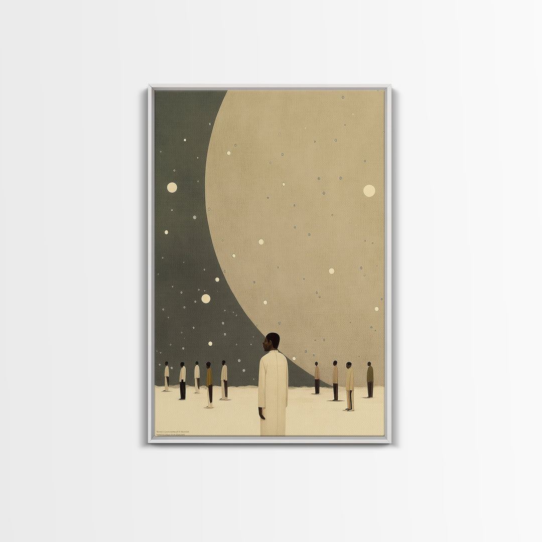 Minimalist Figures Beneath Giant Moon Wall Art, Modern Black Art Canvas Print, Dreamy Celestial Neutral Home Decor For Living Room