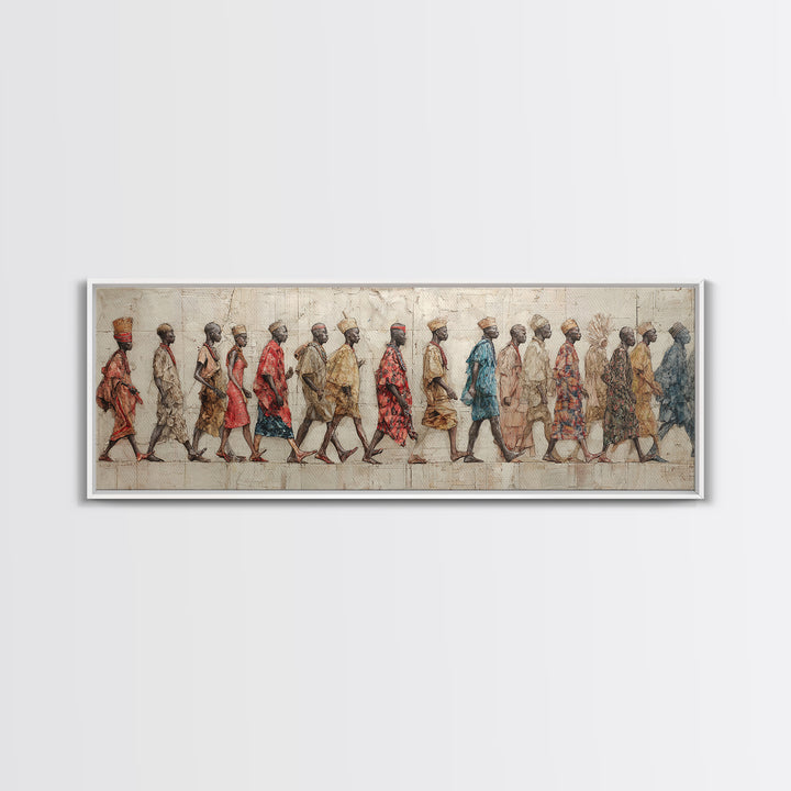 Walking African Village Procession Wall Art, Textured Cultural People Print, Panoramic Afrocentric Home Decor Gift For Hallway