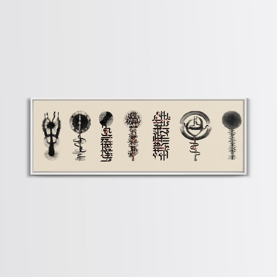 Ancient African Symbol Study Wall Art, Black Ink Tribal Mask Motifs, Minimalist Cultural Poster For Office And Home Decor