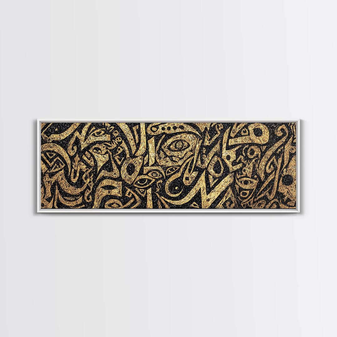 Gold Tribal Faces Abstract Wall Art, African Mask Art, Afrocentric Decor, Black And Gold Design, Bold Cultural Canvas Print