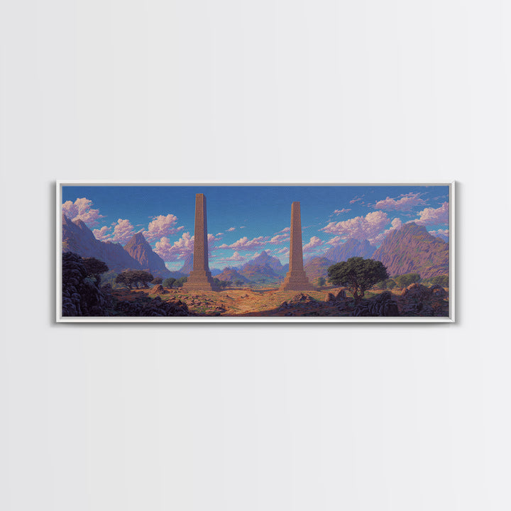 Twin Obelisks In Mountain Valley Framed Canvas Print, African Landscape, Africa Art Print, Statement Wall Art, Home Decor Gift