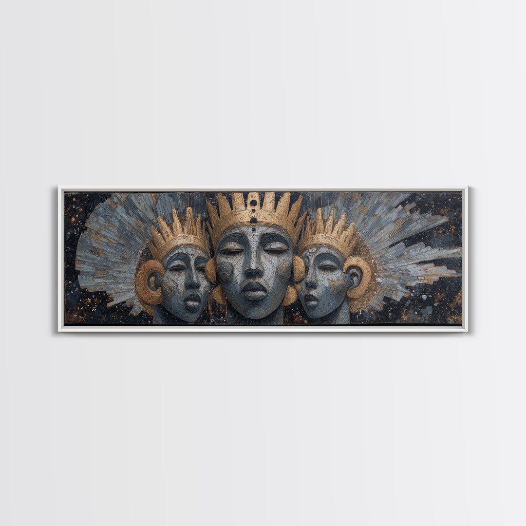Regal Three African Goddess Faces Framed Canvas Print, African Women Art, Black Goddess Art, Gold Jewelry Canvas, Wall Decor