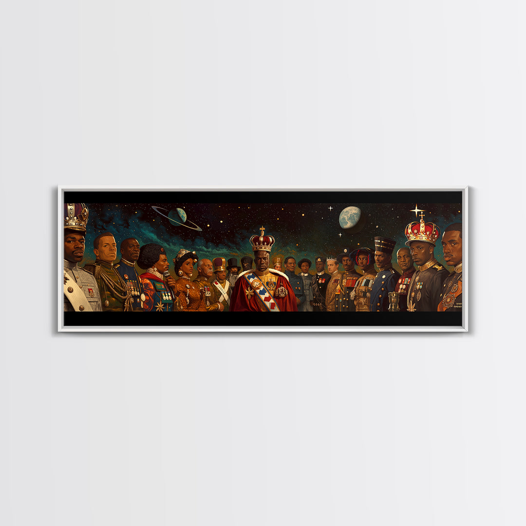 Cosmic African Royal Court Canvas Print, Kings Generals And Crowns, Black Culture Wall Decor, Afrocentric Portrait Art Gift