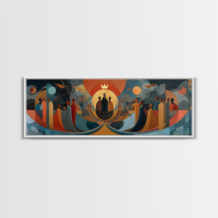 Abstract African Procession With Sun And Moon Wall Art, Afrocentric Modern Canvas, Earth Tone Cultural Home Decor Art Gift