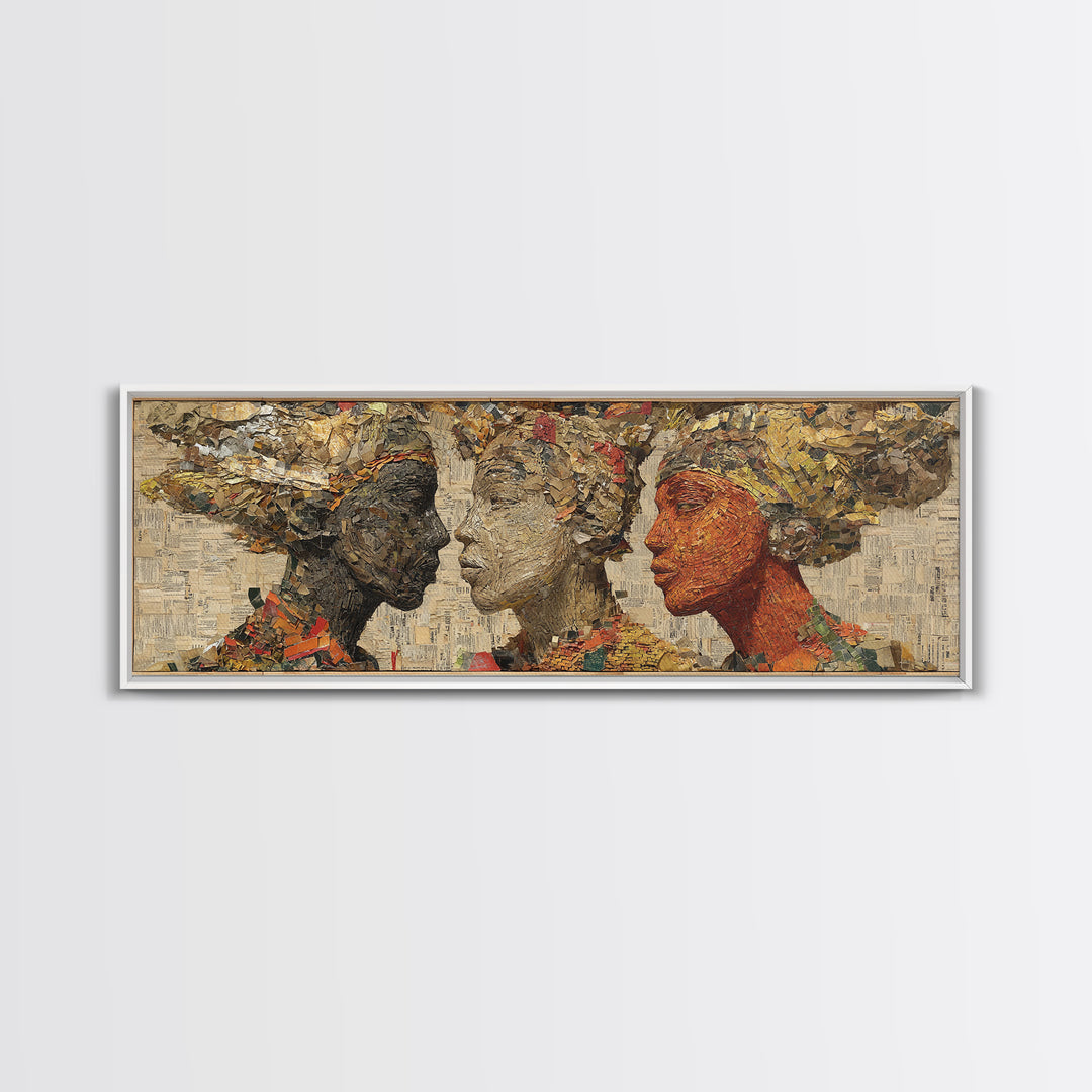 Textured African Women Profiles Framed Canvas Print, Earth Tone Black Female Art, Elegant Afrocentric Wall Decor Portrait Gift