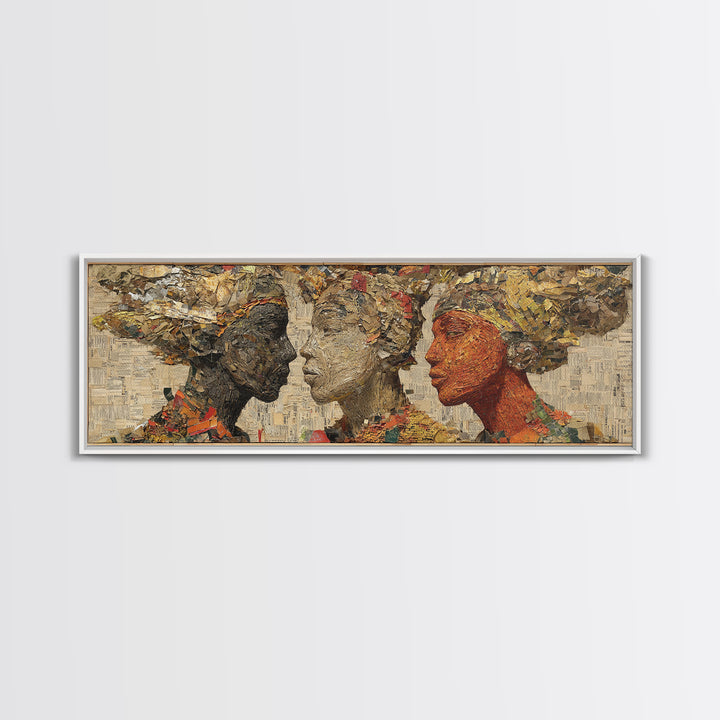 Textured African Women Profiles Framed Canvas Print, Earth Tone Black Female Art, Elegant Afrocentric Wall Decor Portrait Gift