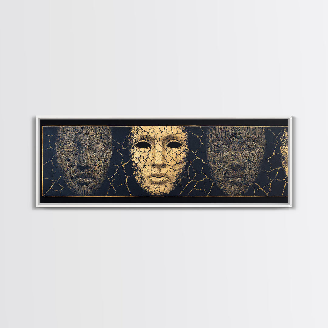 Gold And Black Ancient Mask Triptych Wall Art, Cracked Texture Faces, African Tribal Decor, Dramatic Cultural Canvas Gift