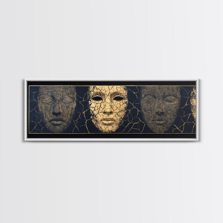Gold And Black Ancient Mask Triptych Wall Art, Cracked Texture Faces, African Tribal Decor, Dramatic Cultural Canvas Gift