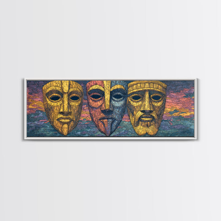 Three Golden African Masks Wall Art, Tribal Mask Canvas Print, Afrocentric Decor, Cultural Home Decor, Bold Statement Piece