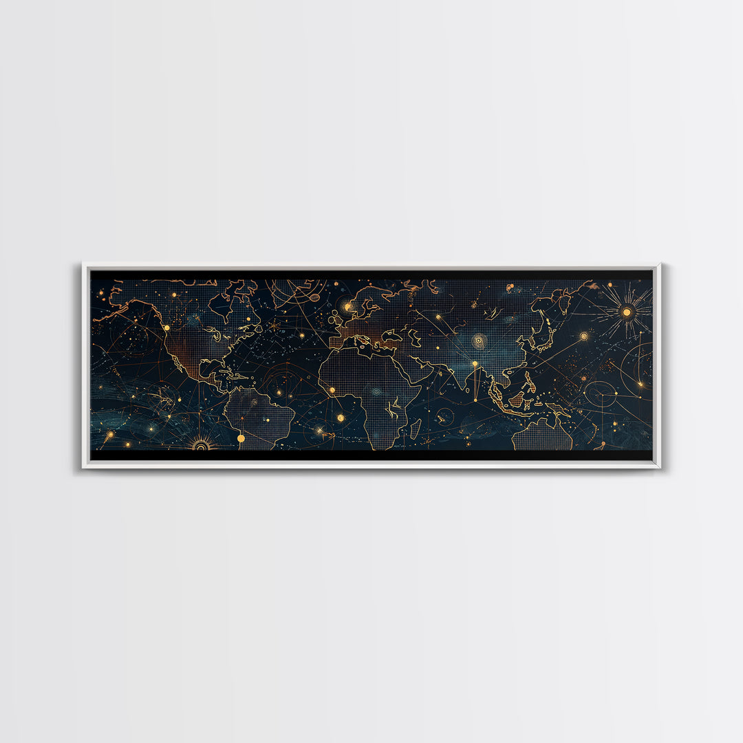 Dark Celestial World Map Wall Art, Gold Constellation Canvas Print, Modern Office Decor, Abstract Travel Home Decor, Housewarming Gift