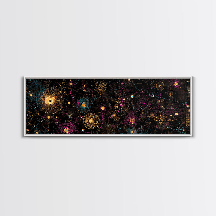 Gold And Magenta Galaxy Constellation Wall Art, Celestial Canvas Print, Modern Black Art, Vibrant Wall Decor, Mystical Art