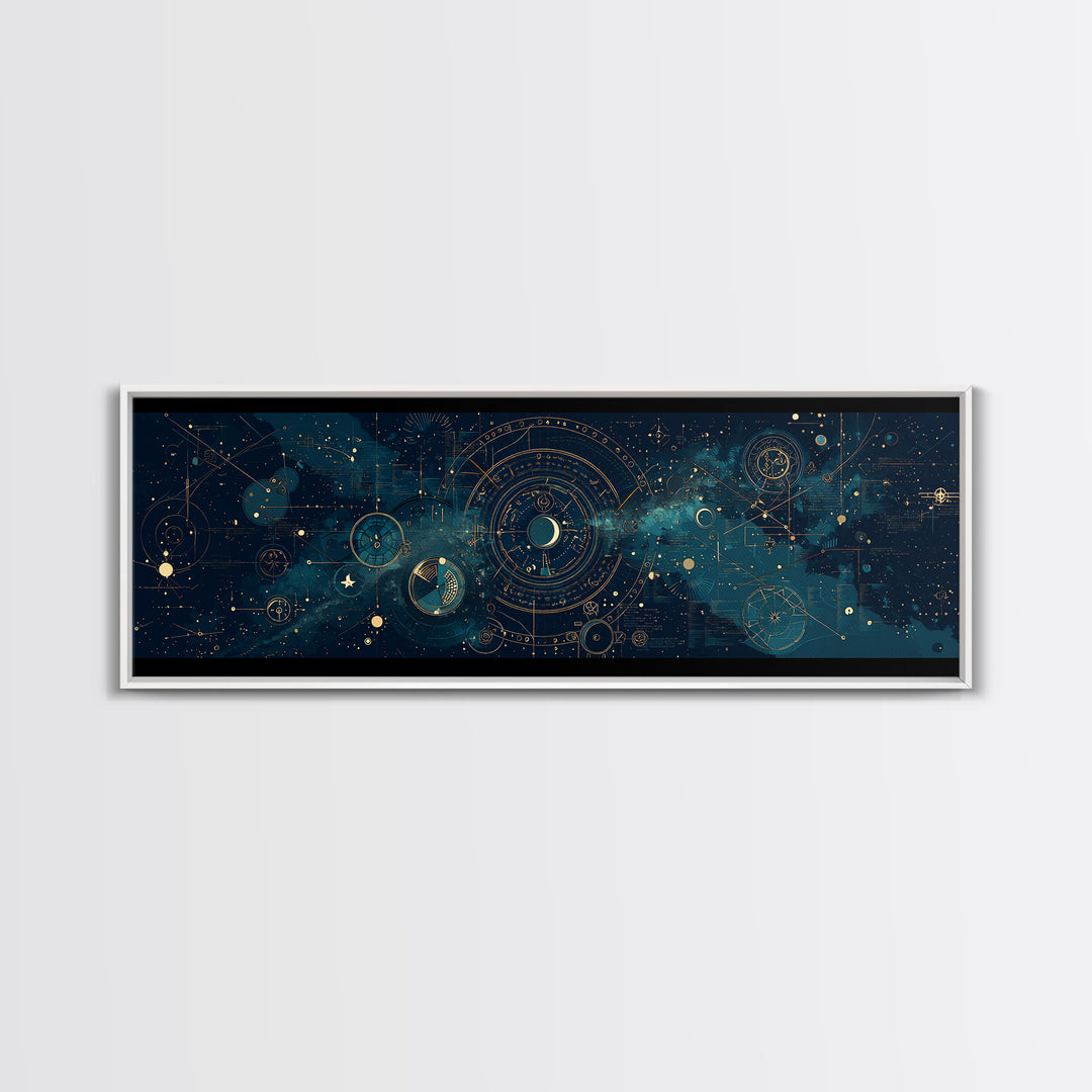 Teal Galactic Blueprint Astrolabe Framed Canvas Print, Geometric Wall Art, Modern Canvas Art, Celestial Office Decor, Unique Home Decor