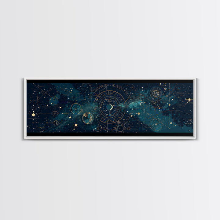 Teal Galactic Blueprint Astrolabe Framed Canvas Print, Geometric Wall Art, Modern Canvas Art, Celestial Office Decor, Unique Home Decor