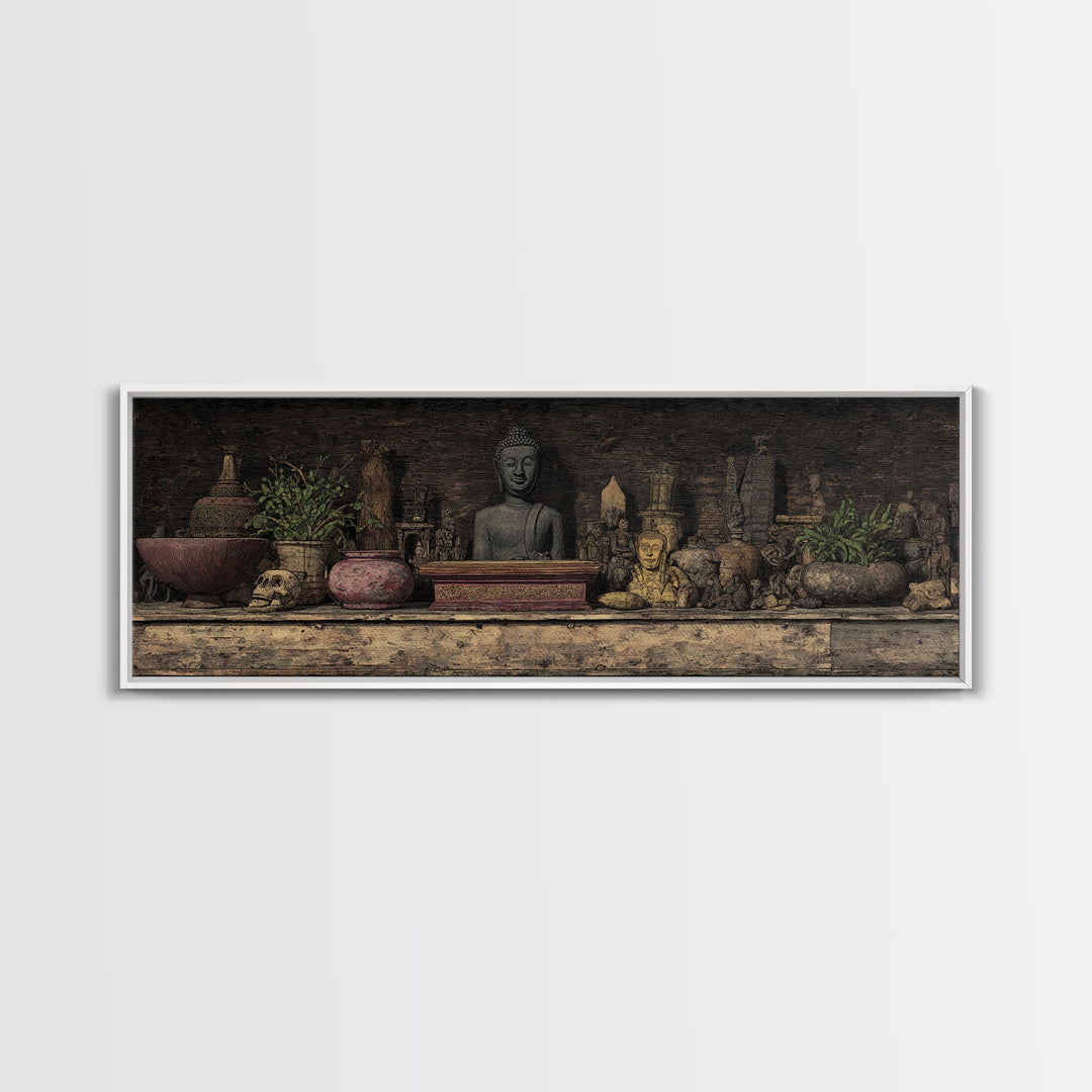 Buddha Shrine Shelf With Plants And Artifacts Wall Art, African Inspired Boho Decor, Rustic Spiritual Living Room Canvas
