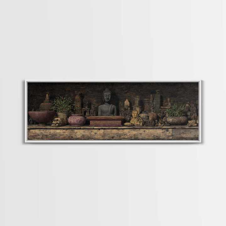 Buddha Shrine Shelf With Plants And Artifacts Wall Art, African Inspired Boho Decor, Rustic Spiritual Living Room Canvas