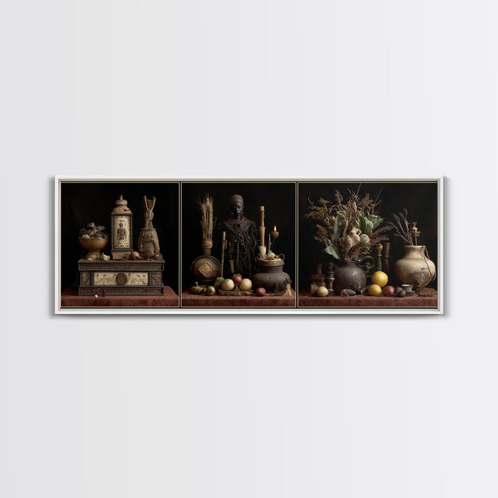 African Statue Still Life Triptych Canvas Print, Tribal Art Decor, Rustic Vessels Fruit And Botanicals, Elegant Home Decor