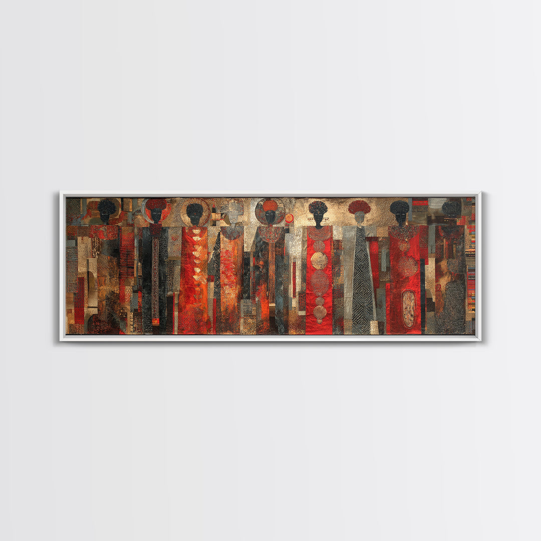 Abstract African Women In Red Patterned Dresses Wall Art, Black Women Art, Afrocentric Decor, Cultural Canvas Print For Living Room