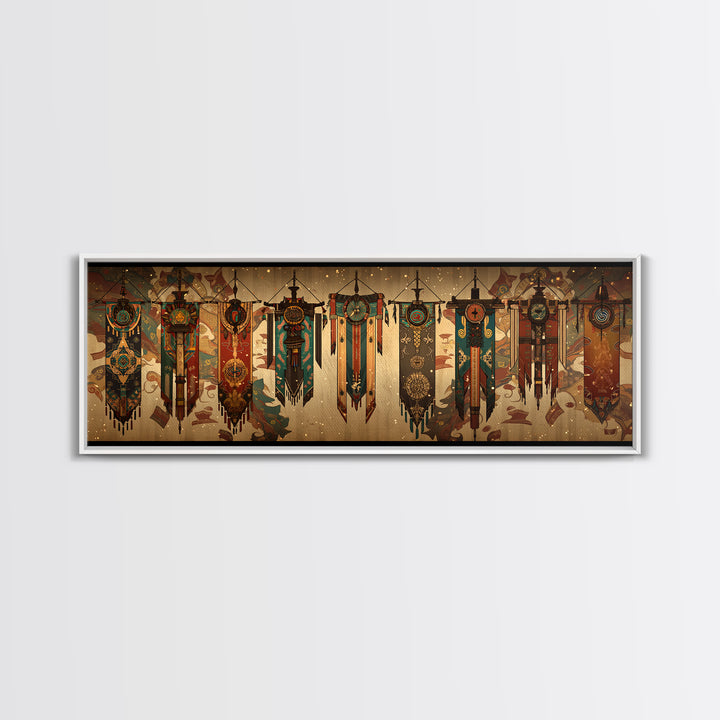 African Tribal Hanging Banners With Symbols Framed Canvas Print, Ethnic Wall Decor, Boho Patterns, Cultural Home Decor For Living Room