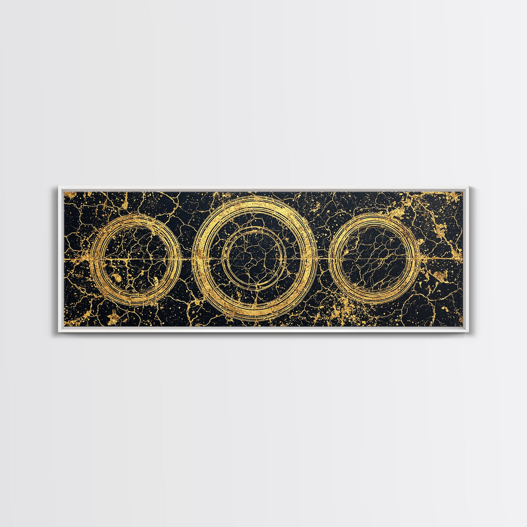 Gold Concentric Circles On Black Cracked Stone Wall Art, Geometric Canvas Print, Modern Luxury Decor, Abstract Pattern Art