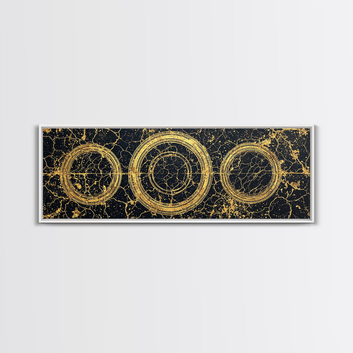 Gold Concentric Circles On Black Cracked Stone Wall Art, Geometric Canvas Print, Modern Luxury Decor, Abstract Pattern Art