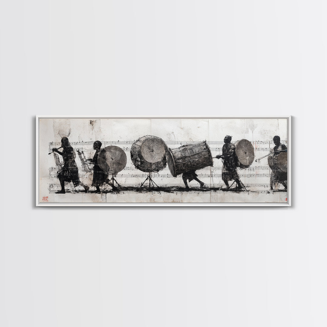 Monochrome African Drummers Wall Art, Tribal Music Procession Canvas Print, Cultural Black Art For Home Office Decor Gift