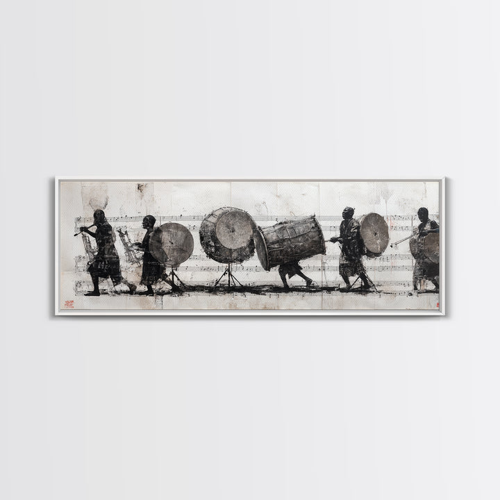 Monochrome African Drummers Wall Art, Tribal Music Procession Canvas Print, Cultural Black Art For Home Office Decor Gift