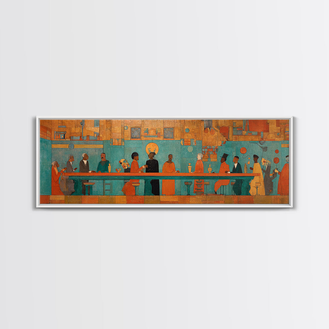 Turquoise Orange Social Gathering Wall Art, African Lounge Scene Canvas Print, Modern Afrocentric Decor For Home And Office