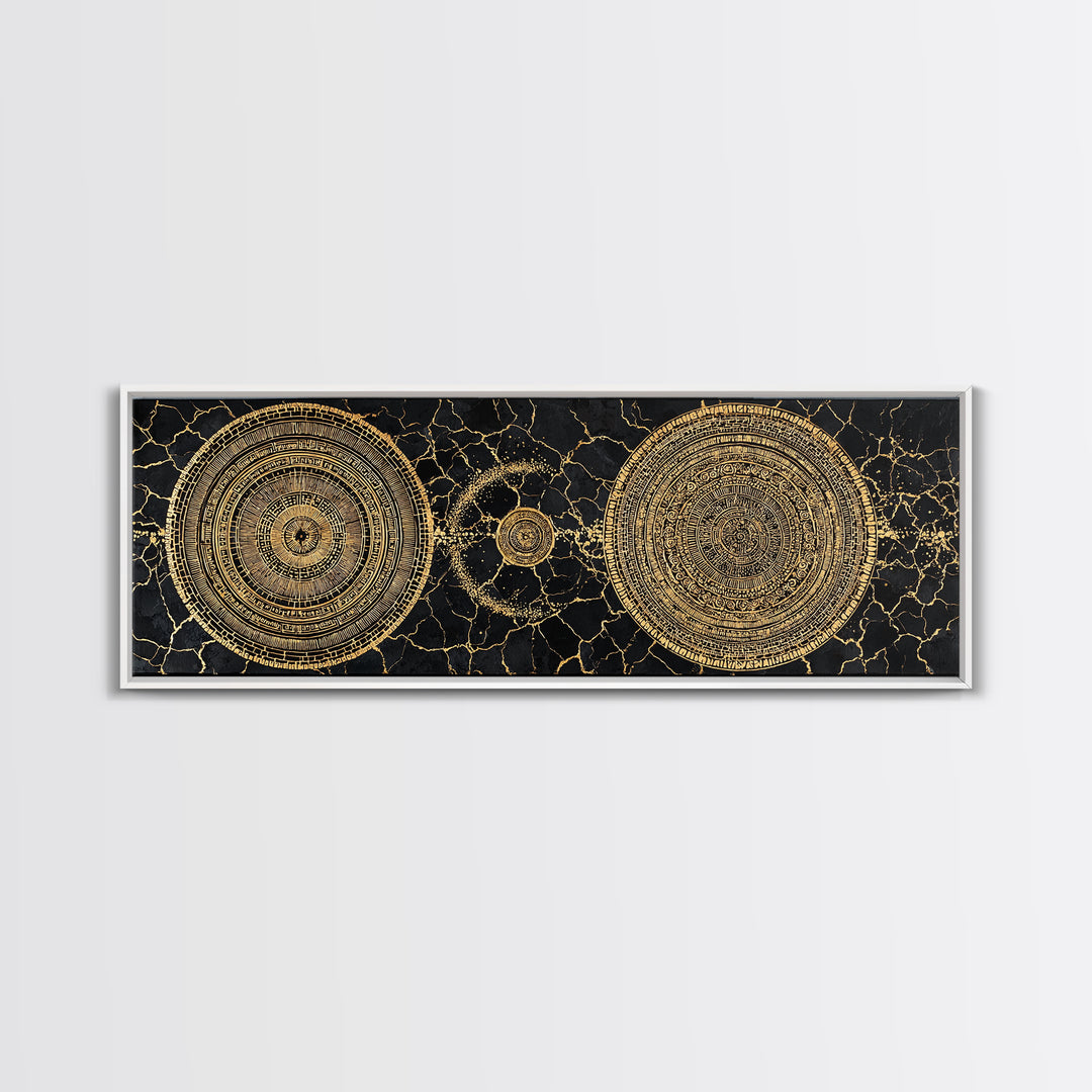 Gold Celestial Mandala Circles On Black Stone Wall Art, Abstract Wall Art, Luxury Canvas Print, Modern Home Decor, Statement Wall Decor