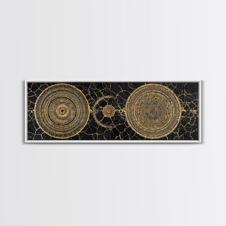 Gold Celestial Mandala Circles On Black Stone Wall Art, Abstract Wall Art, Luxury Canvas Print, Modern Home Decor, Statement Wall Decor