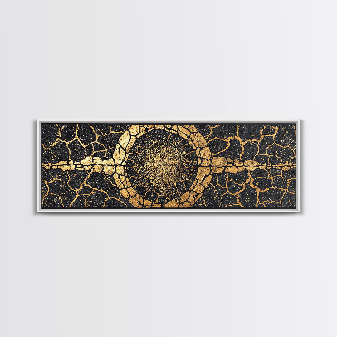 Gold Cracked Stone Circle With Cosmic Spark Wall Art, Abstract Black Art Canvas Print, Textured Modern Wall Decor, Statement Decor